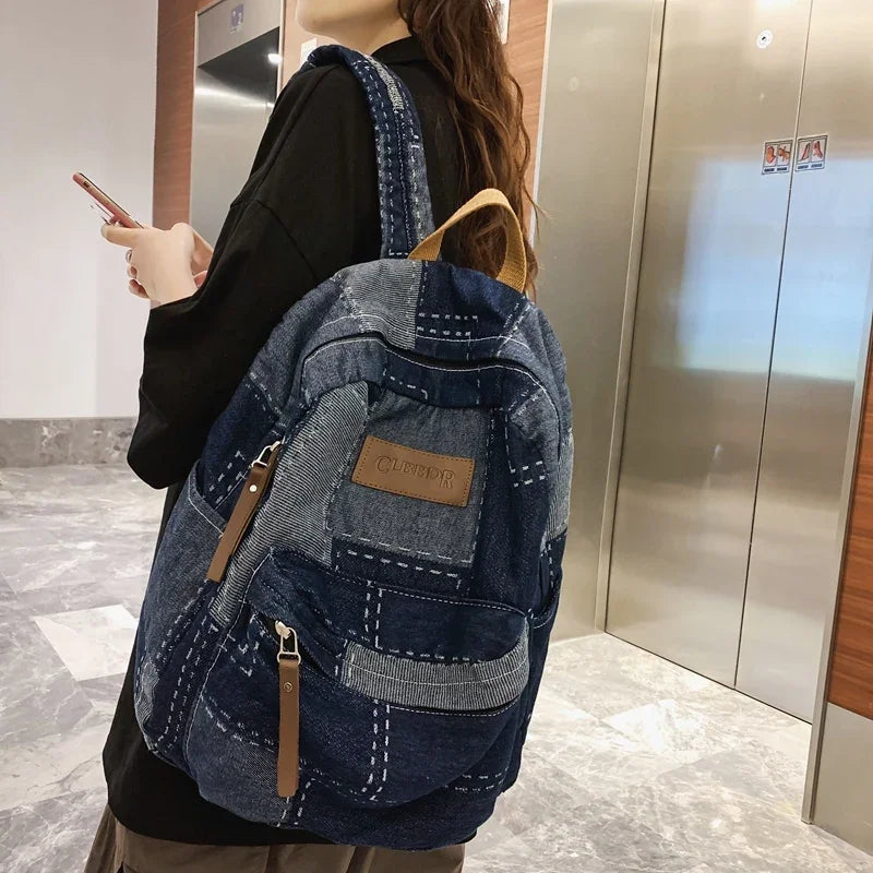 Washed Denim Backpack - Unisex College & Travel Bag with Laptop Compartment