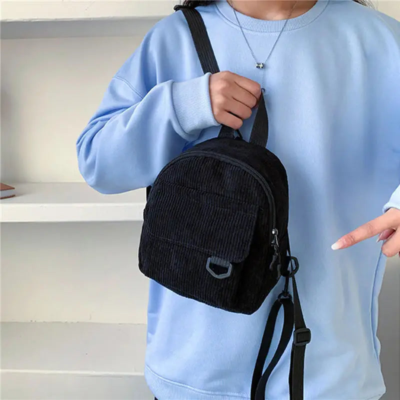 Women's Embroidered Mini Corduroy Backpack - Compact Travel Bag