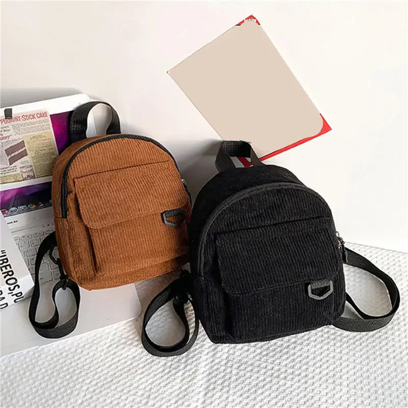 Women's Embroidered Mini Corduroy Backpack - Compact Travel Bag
