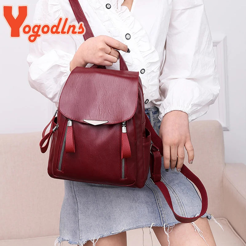 Yogodlns Women’s PU Leather Backpack – Large Capacity Double Zipper Travel Bag